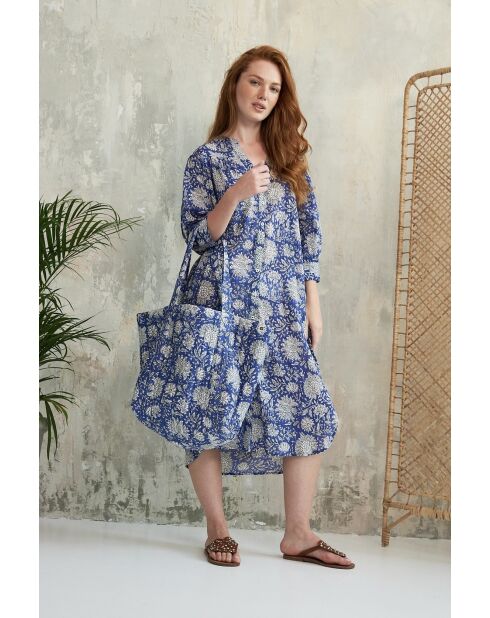 Blaues Baumwollkleid Louisette mit floralem Batikmuster