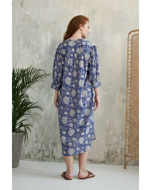 Blaues Baumwollkleid Louisette mit floralem Batikmuster