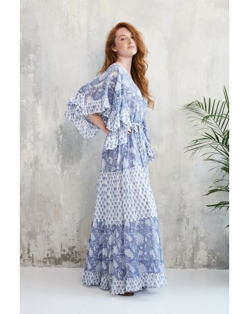 Kalyani romantisches blaues Baumwollkleid mit Blumenblockdruck