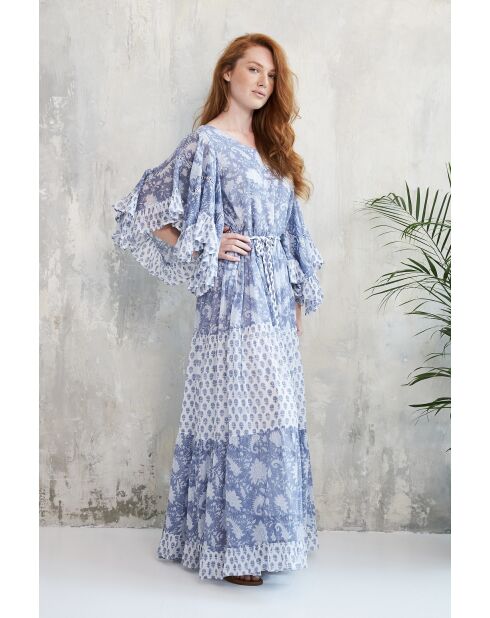 Kalyani romantisches blaues Baumwollkleid mit Blumenblockdruck