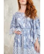 Kalyani romantisches blaues Baumwollkleid mit Blumenblockdruck