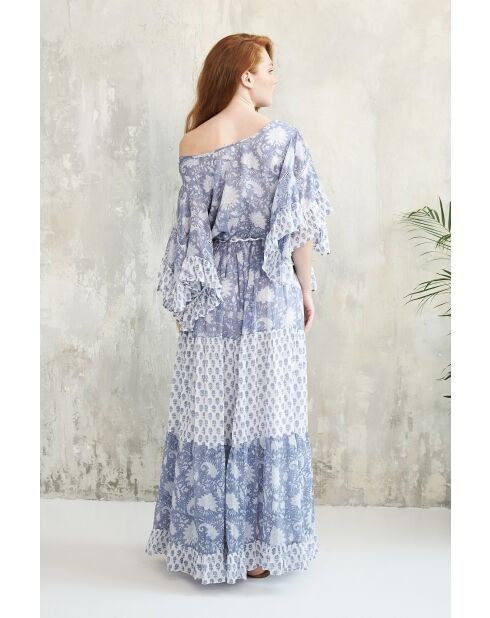 Kalyani romantisches blaues Baumwollkleid mit Blumenblockdruck