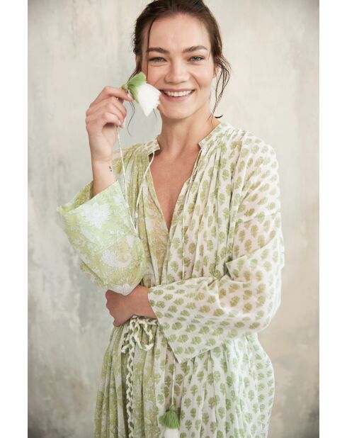 Pallavi- 3 romantisches grünes Baumwollkleid mit Blumenblockdruck