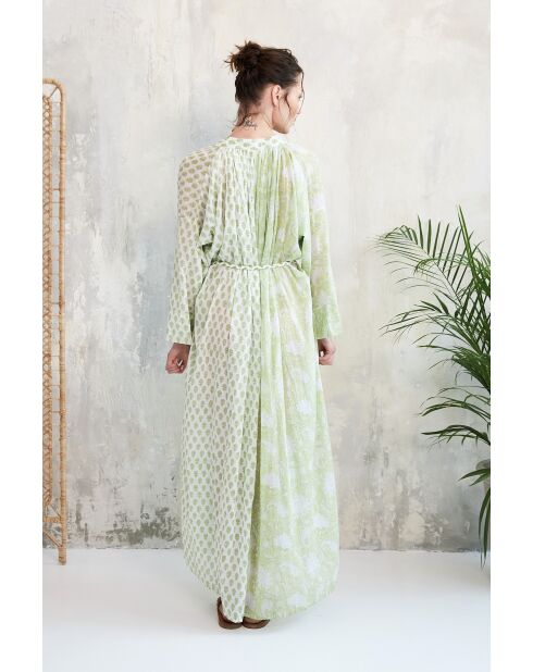 Pallavi- 3 romantisches grünes Baumwollkleid mit Blumenblockdruck