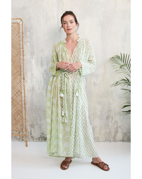 Pallavi- 3 romantisches grünes Baumwollkleid mit Blumenblockdruck