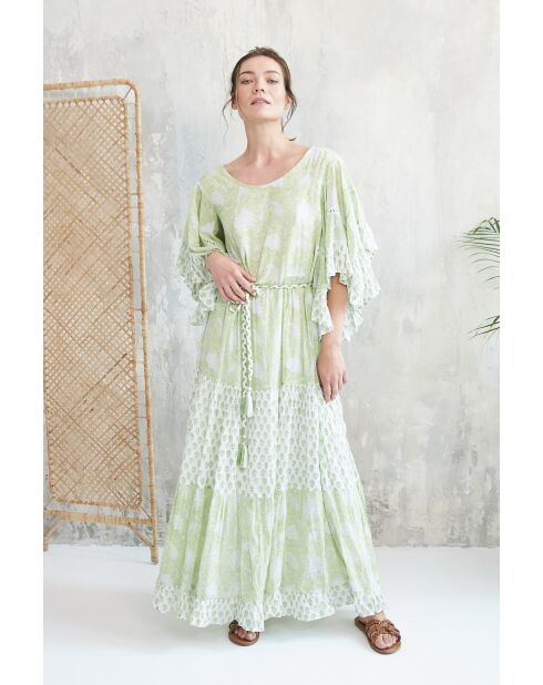 Kalyani romantisches grünes Baumwollkleid mit Blumenblockdruck