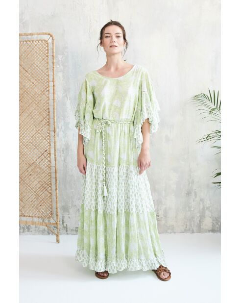 Kalyani romantisches grünes Baumwollkleid mit Blumenblockdruck