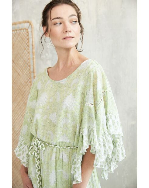 Kalyani romantisches grünes Baumwollkleid mit Blumenblockdruck