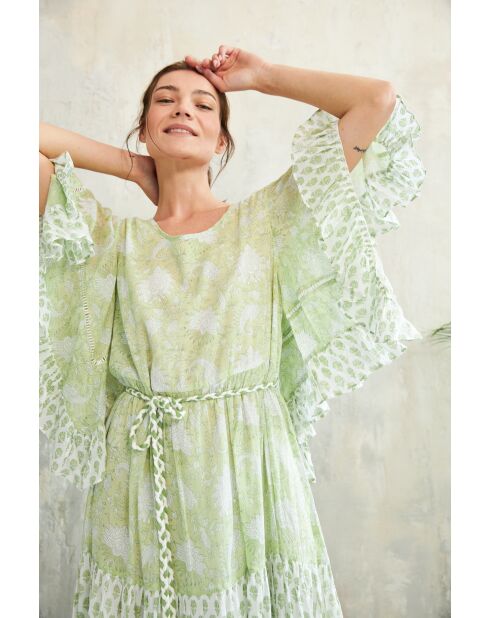 Kalyani romantisches grünes Baumwollkleid mit Blumenblockdruck