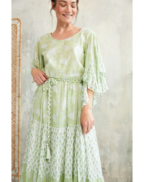 Kalyani romantisches grünes Baumwollkleid mit Blumenblockdruck