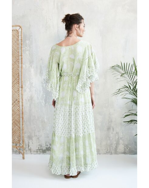 Kalyani romantisches grünes Baumwollkleid mit Blumenblockdruck