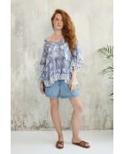 Pegan-1 romantisches blaues Baumwolltop mit Blumenblockdruck