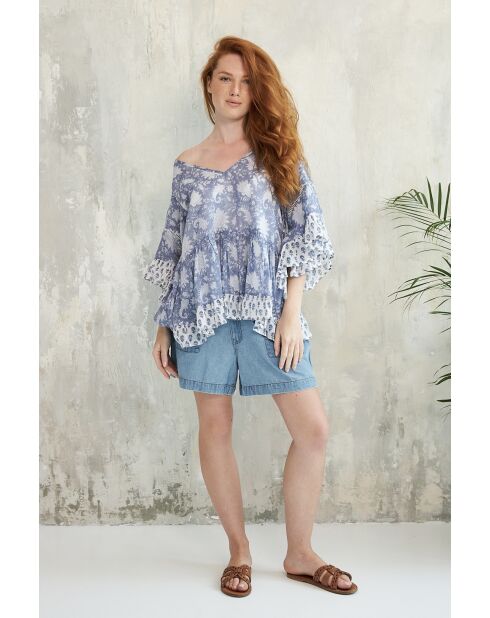 Pegan-1 romantisches blaues Baumwolltop mit Blumenblockdruck