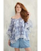 Pegan-1 romantisches blaues Baumwolltop mit Blumenblockdruck