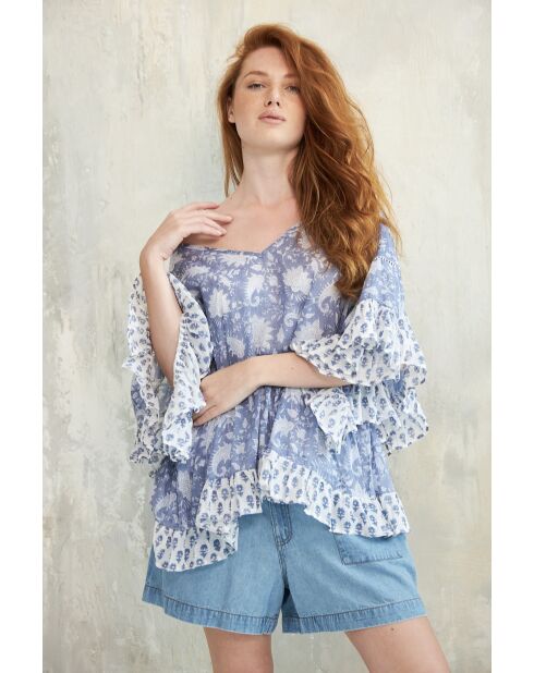 Pegan-1 romantisches blaues Baumwolltop mit Blumenblockdruck