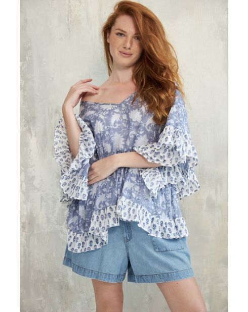 Pegan-1 romantisches blaues Baumwolltop mit Blumenblockdruck