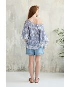 Pegan-1 romantisches blaues Baumwolltop mit Blumenblockdruck