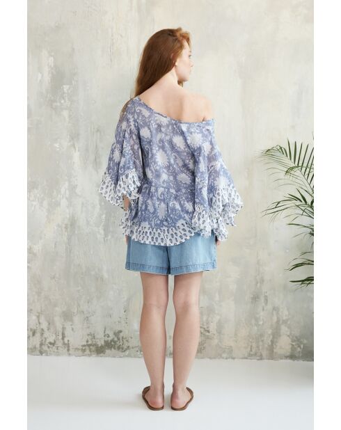 Pegan-1 romantisches blaues Baumwolltop mit Blumenblockdruck