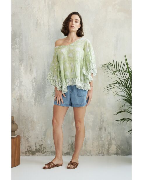 Pegan- 3 grünes Baumwolltop mit romantischem Blumenblockdruck