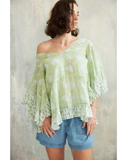 Pegan- 3 grünes Baumwolltop mit romantischem Blumenblockdruck