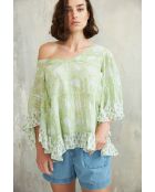 Pegan- 3 grünes Baumwolltop mit romantischem Blumenblockdruck