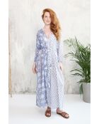 Pallavi-1 romantisches blaues Baumwollkleid mit Blumenblockdruck