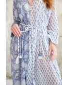 Pallavi-1 romantisches blaues Baumwollkleid mit Blumenblockdruck