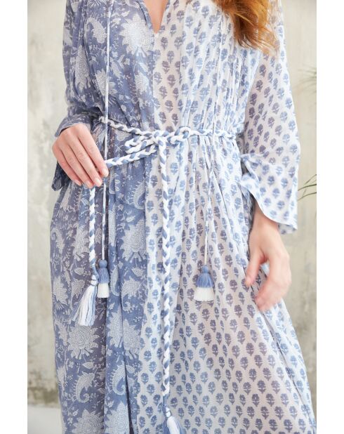 Pallavi-1 romantische blauwe katoenen jurk met bloemenprint