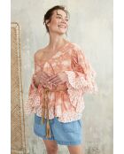 Pegan-2 rotes Baumwolltop mit romantischem Blumenblockdruck