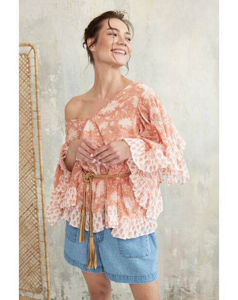 Pegan-2 rotes Baumwolltop mit romantischem Blumenblockdruck