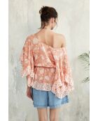 Pegan-2 rotes Baumwolltop mit romantischem Blumenblockdruck