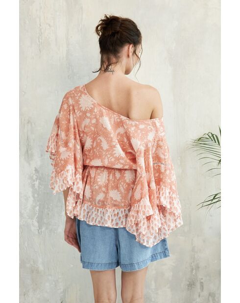 Pegan-2 rotes Baumwolltop mit romantischem Blumenblockdruck