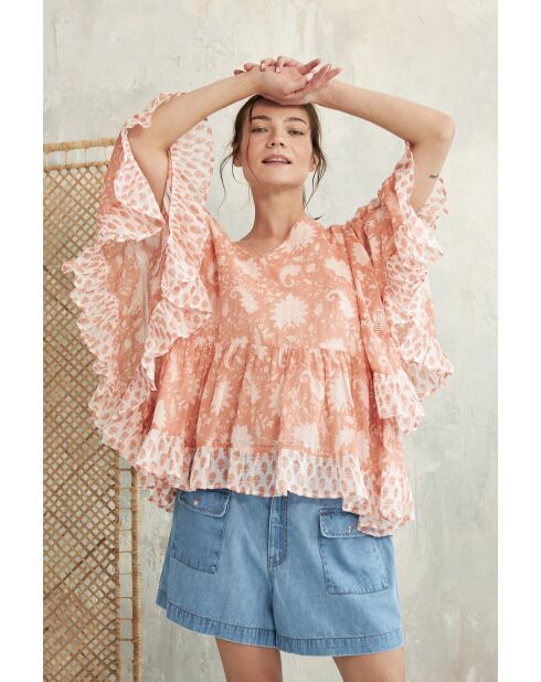 Pegan-2 rotes Baumwolltop mit romantischem Blumenblockdruck