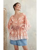 Pegan-2 rotes Baumwolltop mit romantischem Blumenblockdruck