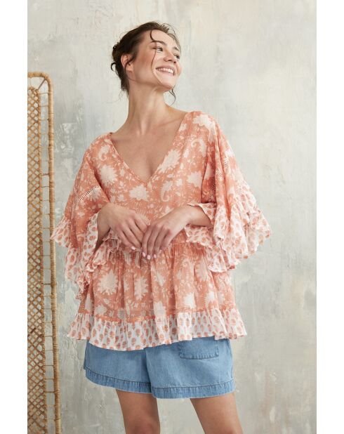 Pegan-2 rotes Baumwolltop mit romantischem Blumenblockdruck