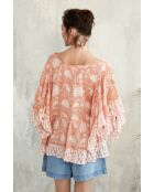 Pegan-2 rotes Baumwolltop mit romantischem Blumenblockdruck