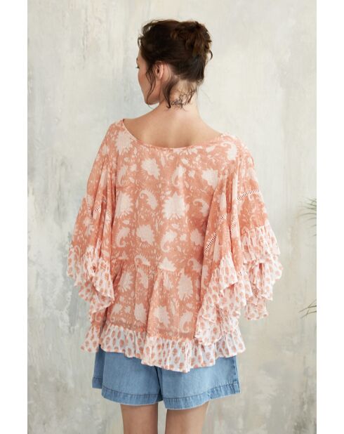 Pegan-2 rotes Baumwolltop mit romantischem Blumenblockdruck