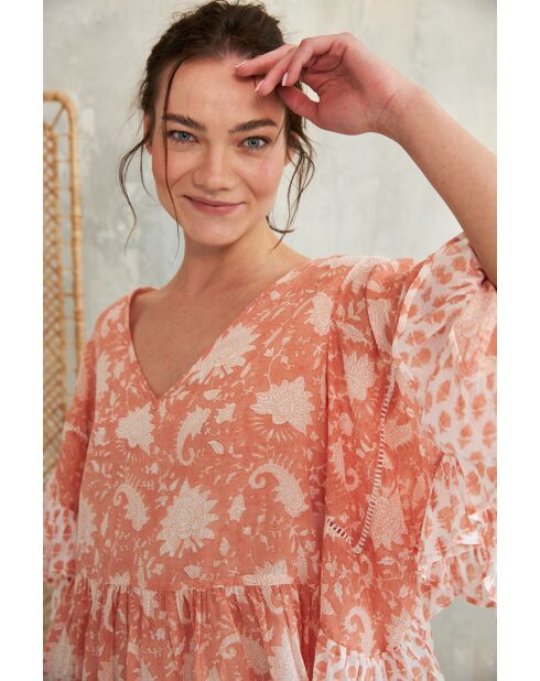 Pegan-2 rotes Baumwolltop mit romantischem Blumenblockdruck