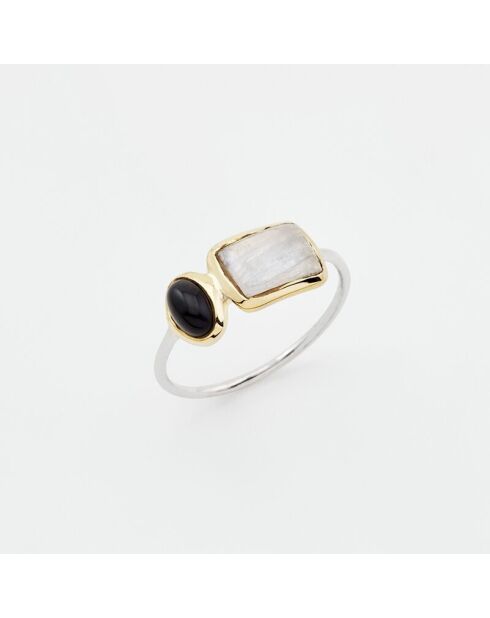 Ring Alisse aus Silber und Messing, schwarzer Onyx und weißer Mondstein