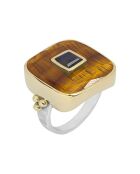 Quadratischer Ring aus Silber, Messing, Tigerauge und Labradorit