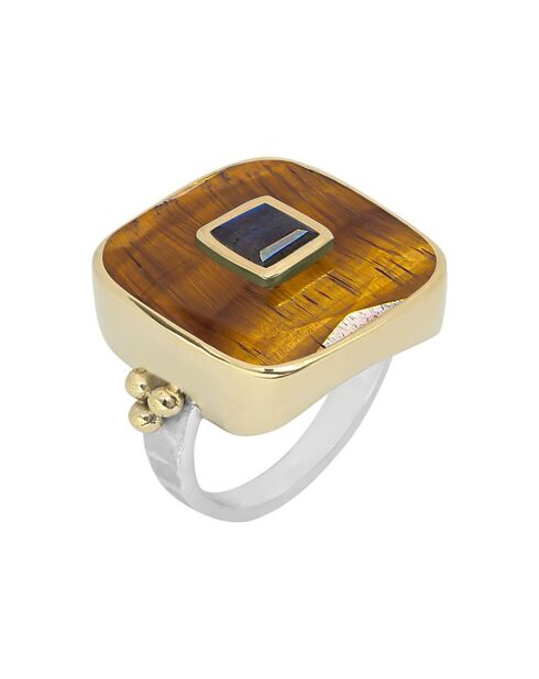 Vierkante ring in zilver, messing, tijgeroog en labradoriet