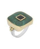 Vierkante ring in zilver, messing en malachiet