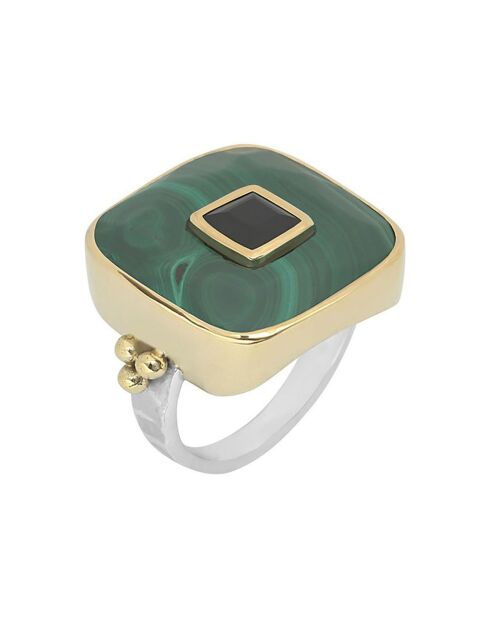 Vierkante ring in zilver, messing en malachiet