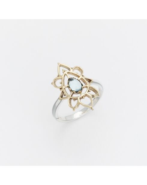 Hanie ring in zilver en messing, blauw getint glas, Topaz