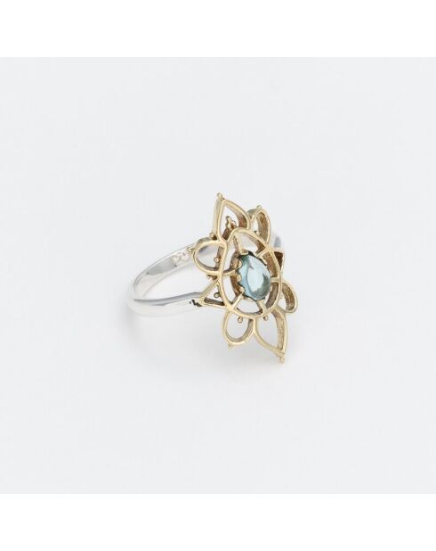 Hanie ring in zilver en messing, blauw getint glas, Topaz