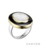 Anillo Bubble de plata y latón, piedra lunar blanca y ónix negro