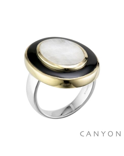 Anillo Bubble de plata y latón, piedra lunar blanca y ónix negro