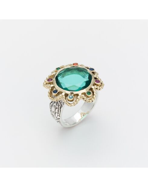 Ring aus Silber und Messing, Dolce, getöntes Glas, Apatit und mehrfarbige Zirkone