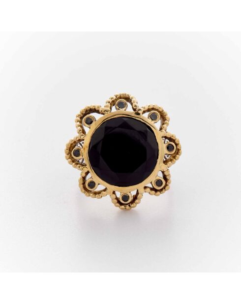 Anello in argento e ottone con onice nera dolce e zirconi neri
