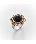 Anello in argento e ottone con onice nera dolce e zirconi neri